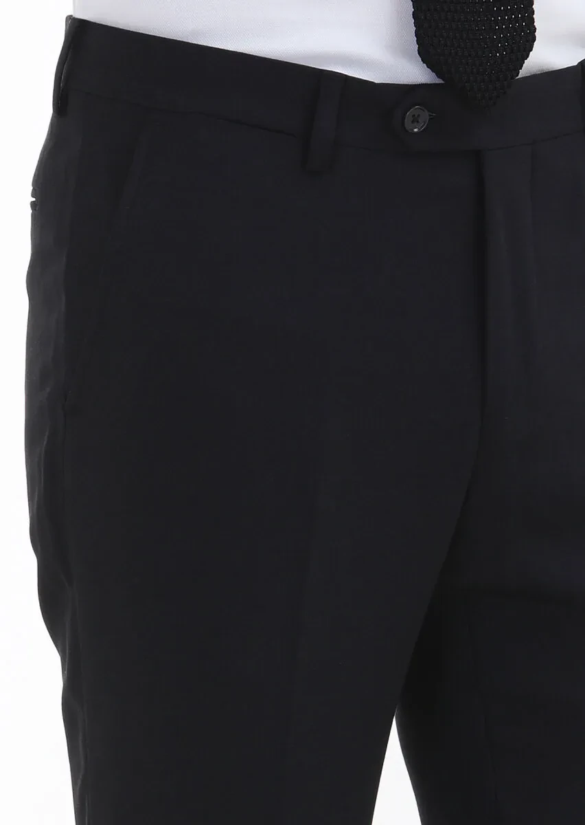 Siyah Düz Kumaş Modern Fit Klasik Yün Karışımlı Pantolon - 3