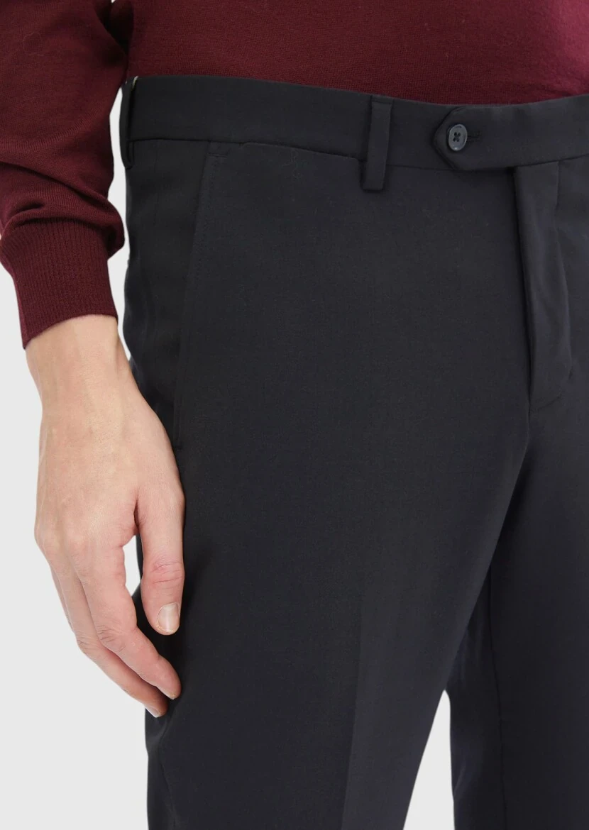 Siyah Düz Kumaş Modern Fit Klasik Yün Karışımlı Pantolon - 3
