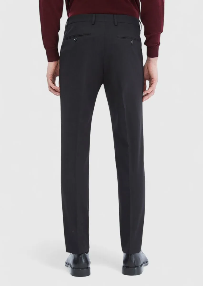 Siyah Düz Kumaş Modern Fit Klasik Yün Karışımlı Pantolon - 4