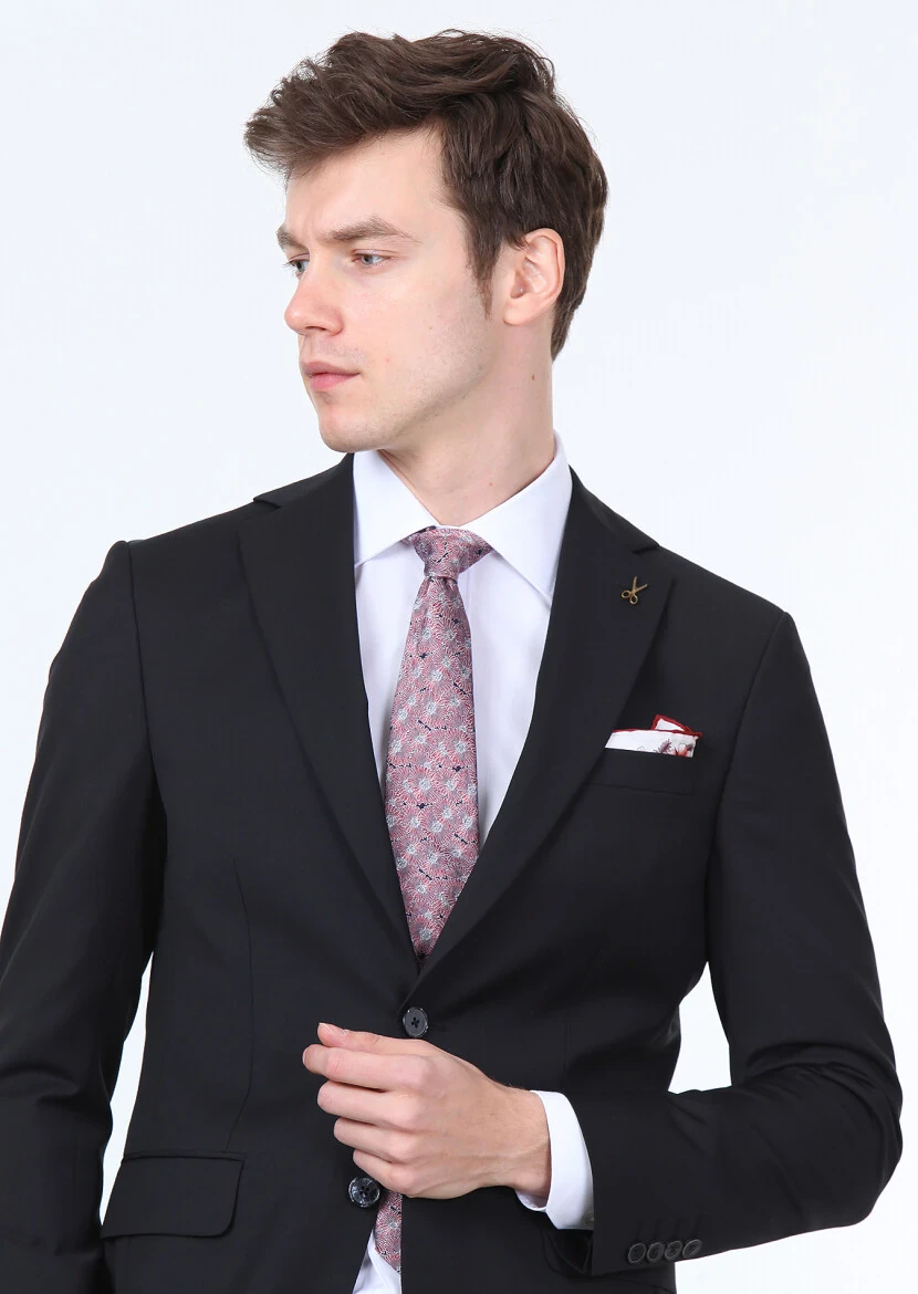 Siyah Düz Modern Fit %100 Yün Takım Elbise - 2