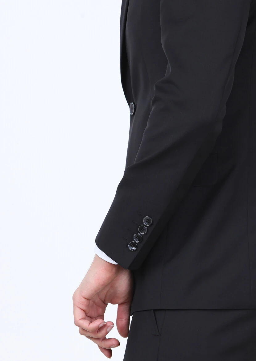 Siyah Düz Modern Fit %100 Yün Takım Elbise - 3