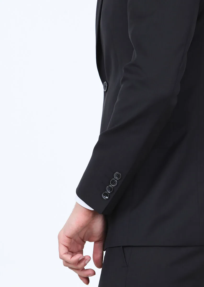 Siyah Düz Modern Fit %100 Yün Takım Elbise - 3