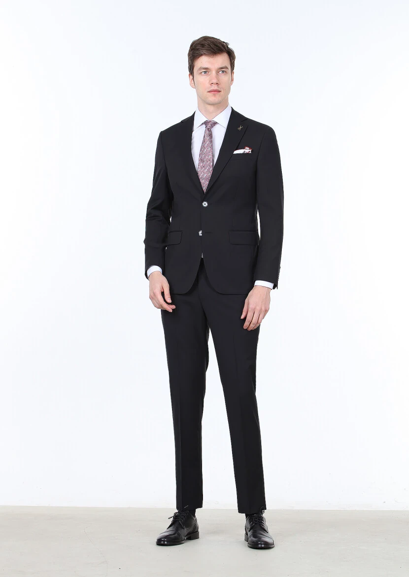 Siyah Düz Modern Fit %100 Yün Takım Elbise - 4