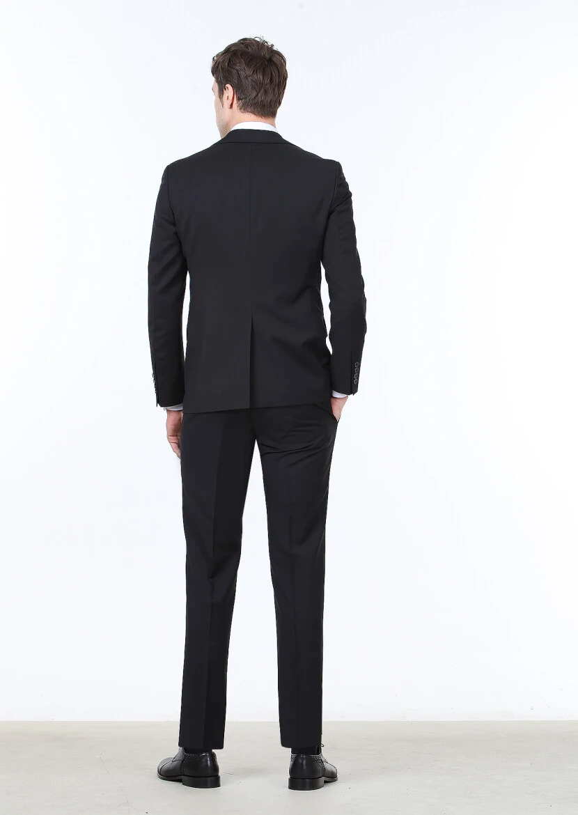 Siyah Düz Modern Fit %100 Yün Takım Elbise - 5