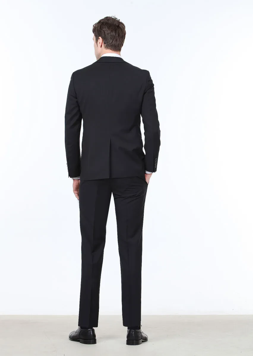 Siyah Düz Modern Fit %100 Yün Takım Elbise - 5