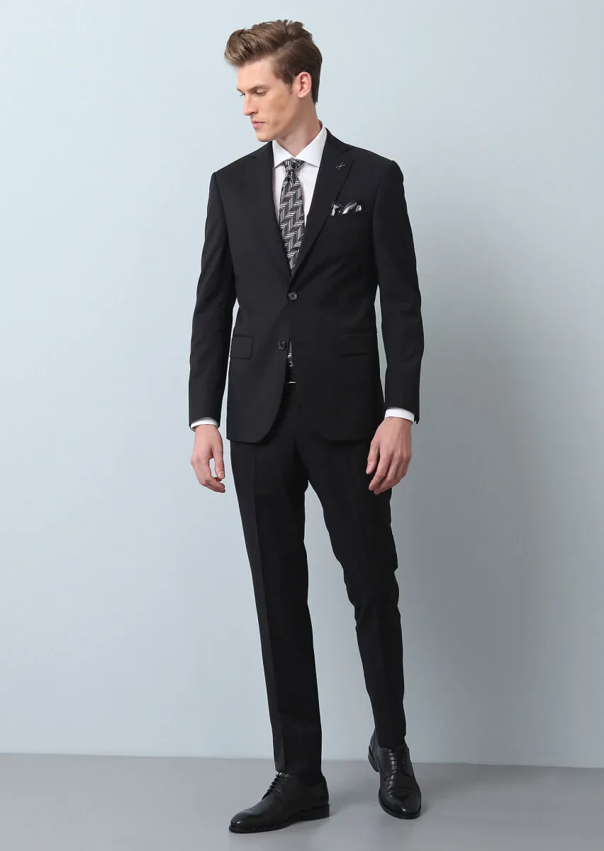 Siyah Düz Modern Fit %100 Yün Takım Elbise - 1