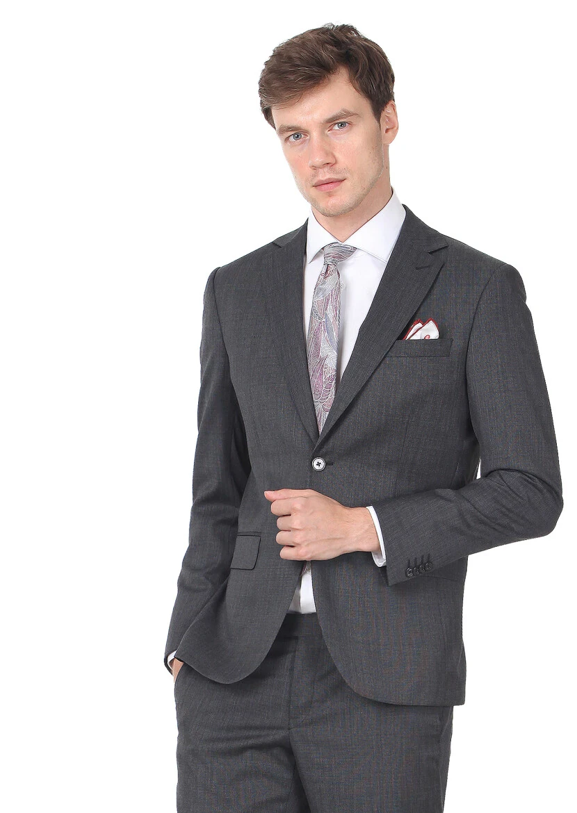 Siyah Düz Modern Fit Yün Karışımlı Takım Elbise - 1