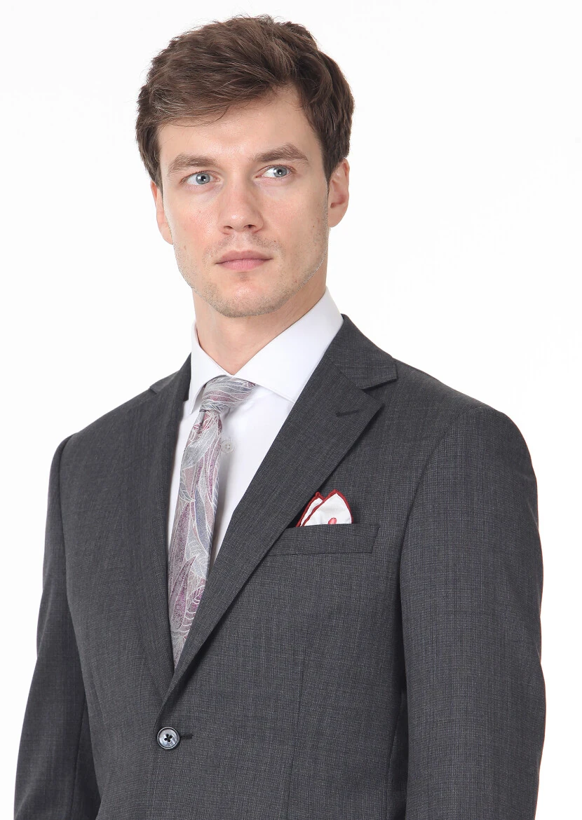 Siyah Düz Modern Fit Yün Karışımlı Takım Elbise - 2