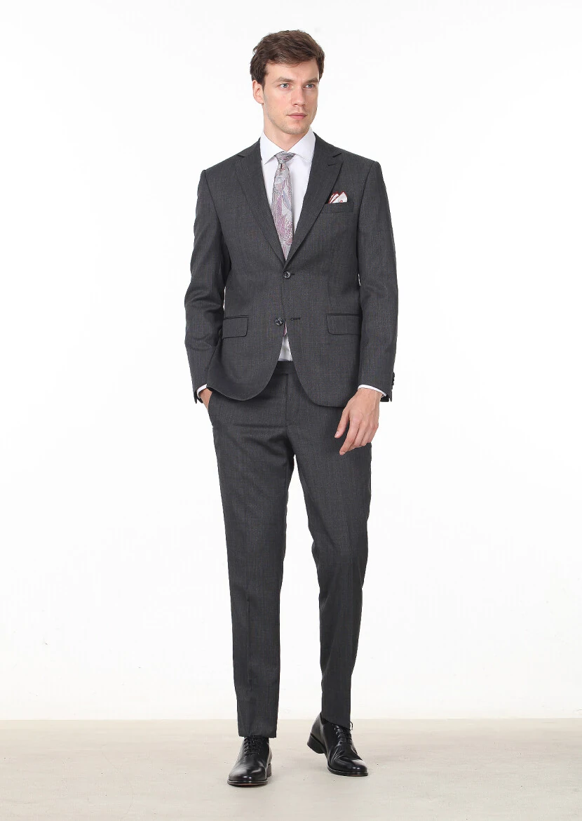 Siyah Düz Modern Fit Yün Karışımlı Takım Elbise - 3