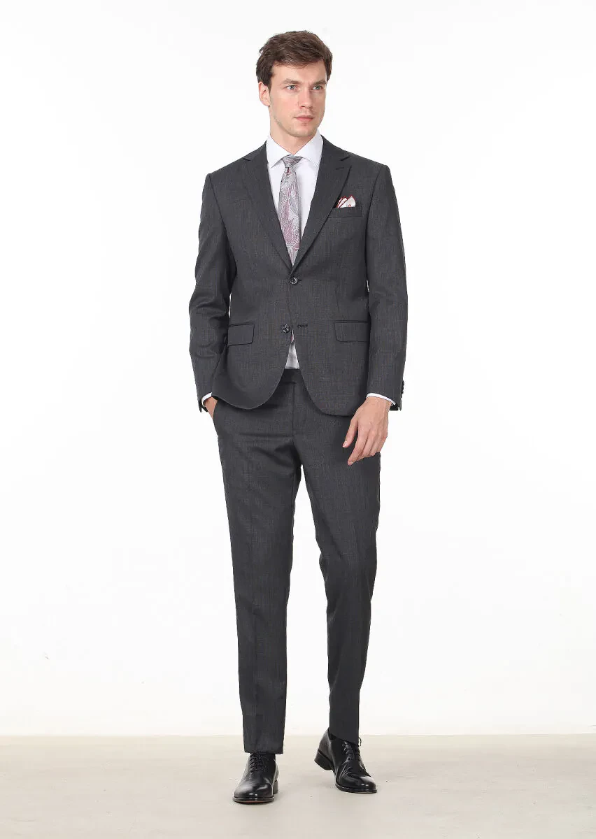 Siyah Düz Modern Fit Yün Karışımlı Takım Elbise - 3