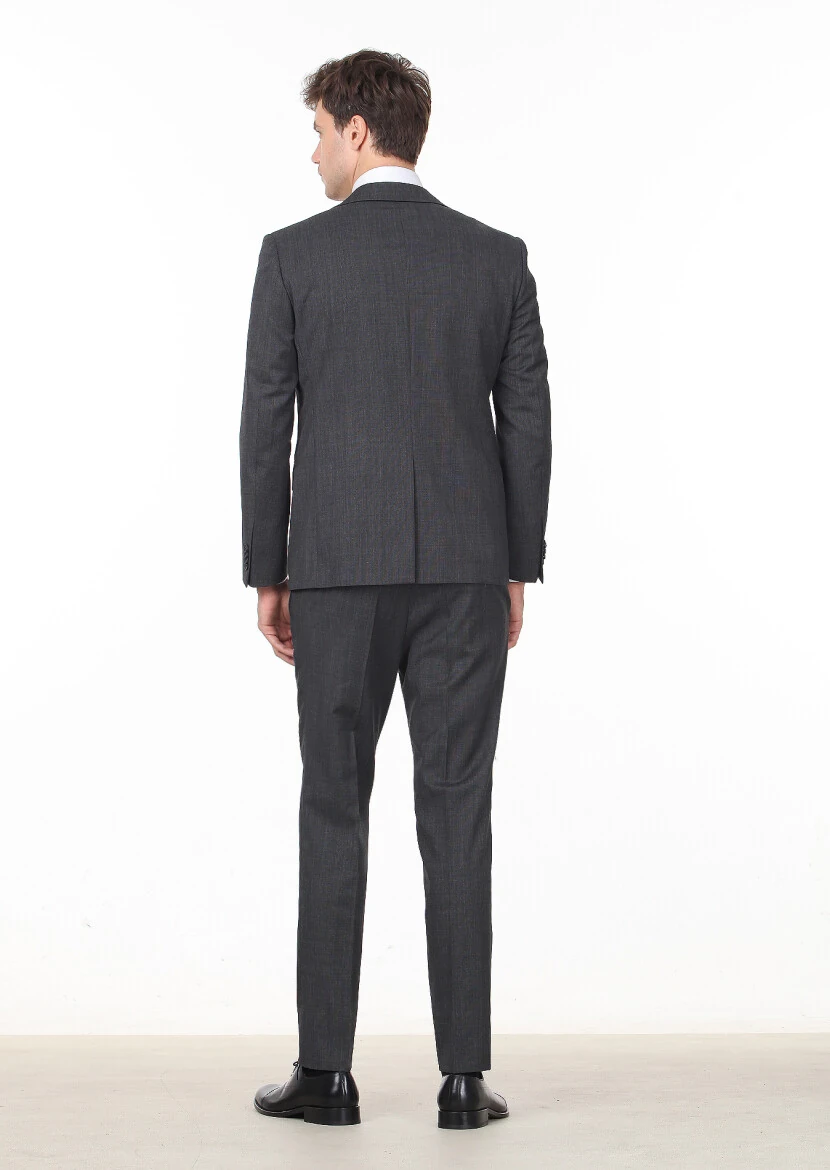 Siyah Düz Modern Fit Yün Karışımlı Takım Elbise - 4