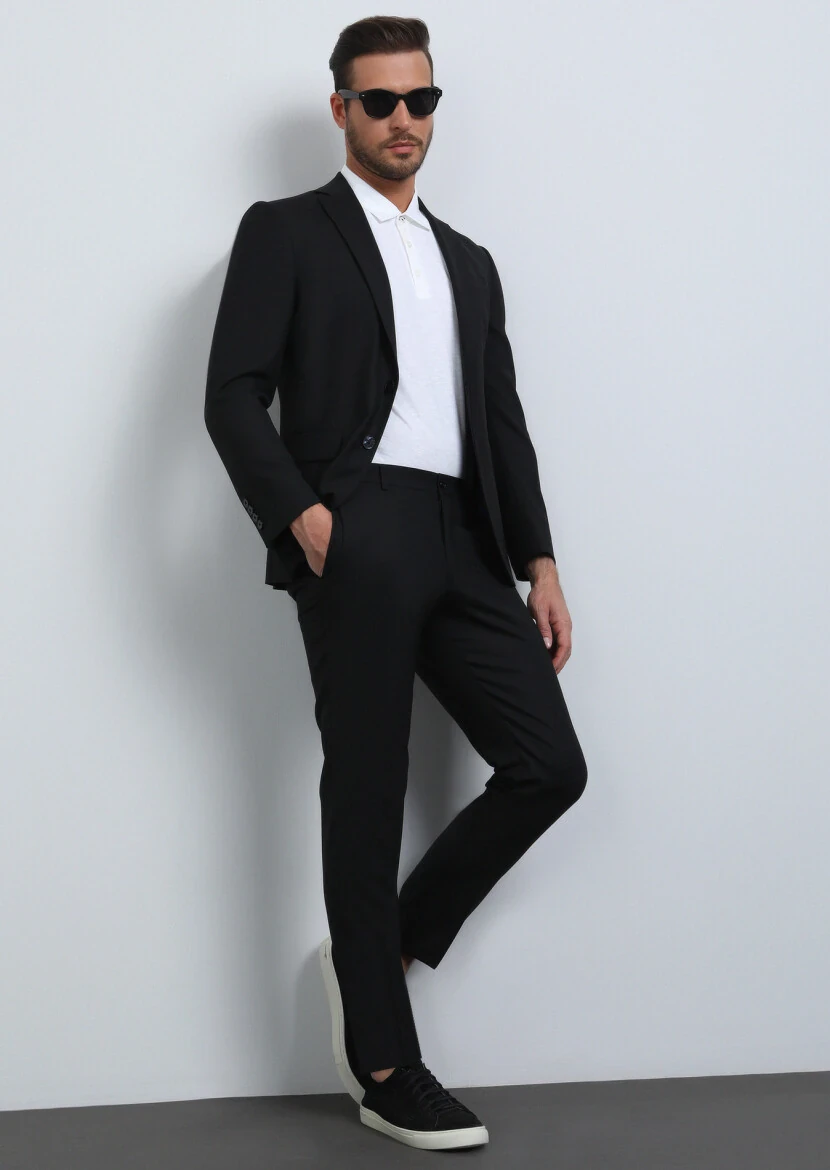 Siyah Düz Modern Fit Yün Karışımlı Takım Elbise - 2