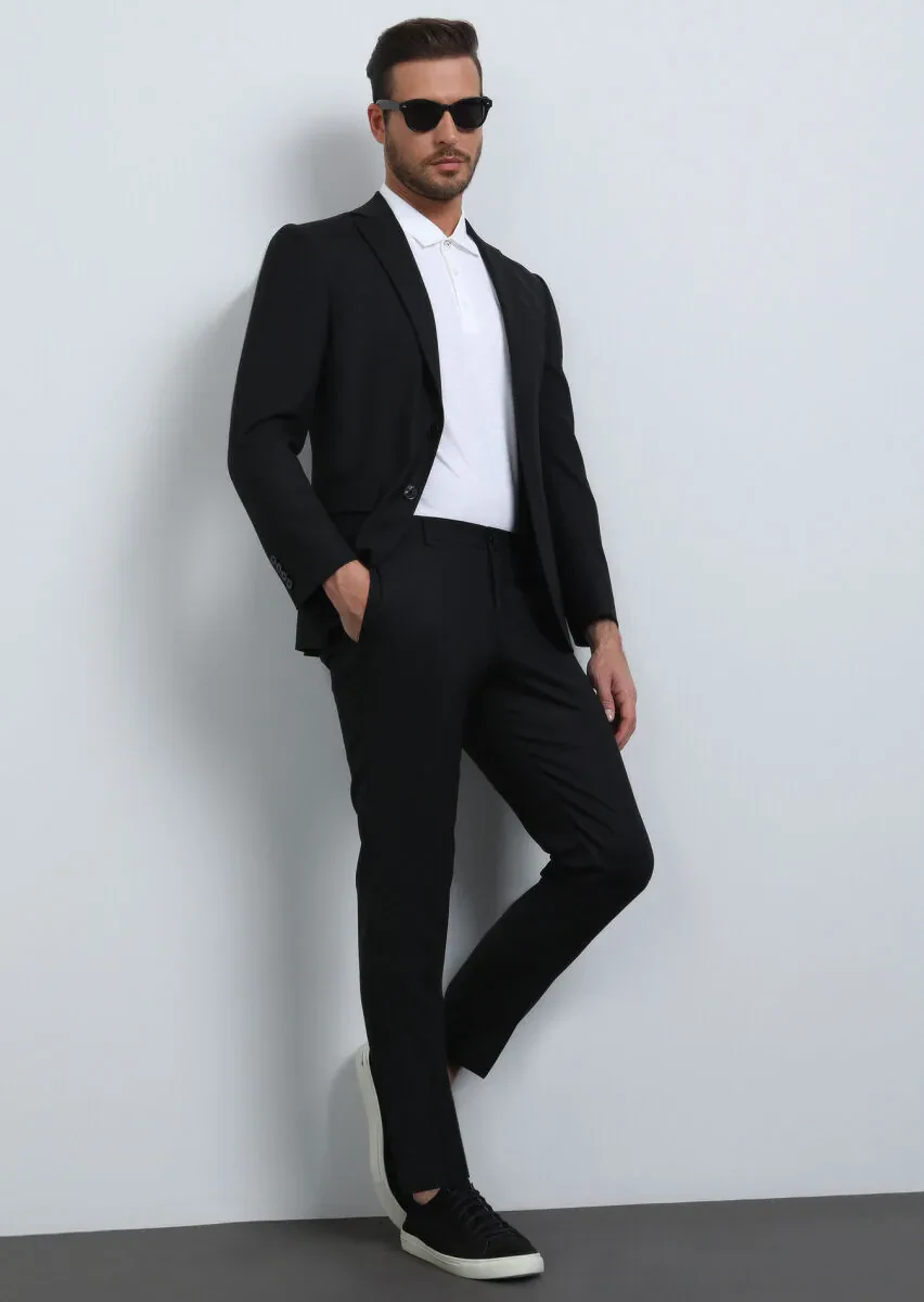 Siyah Düz Modern Fit Yün Karışımlı Takım Elbise - 2