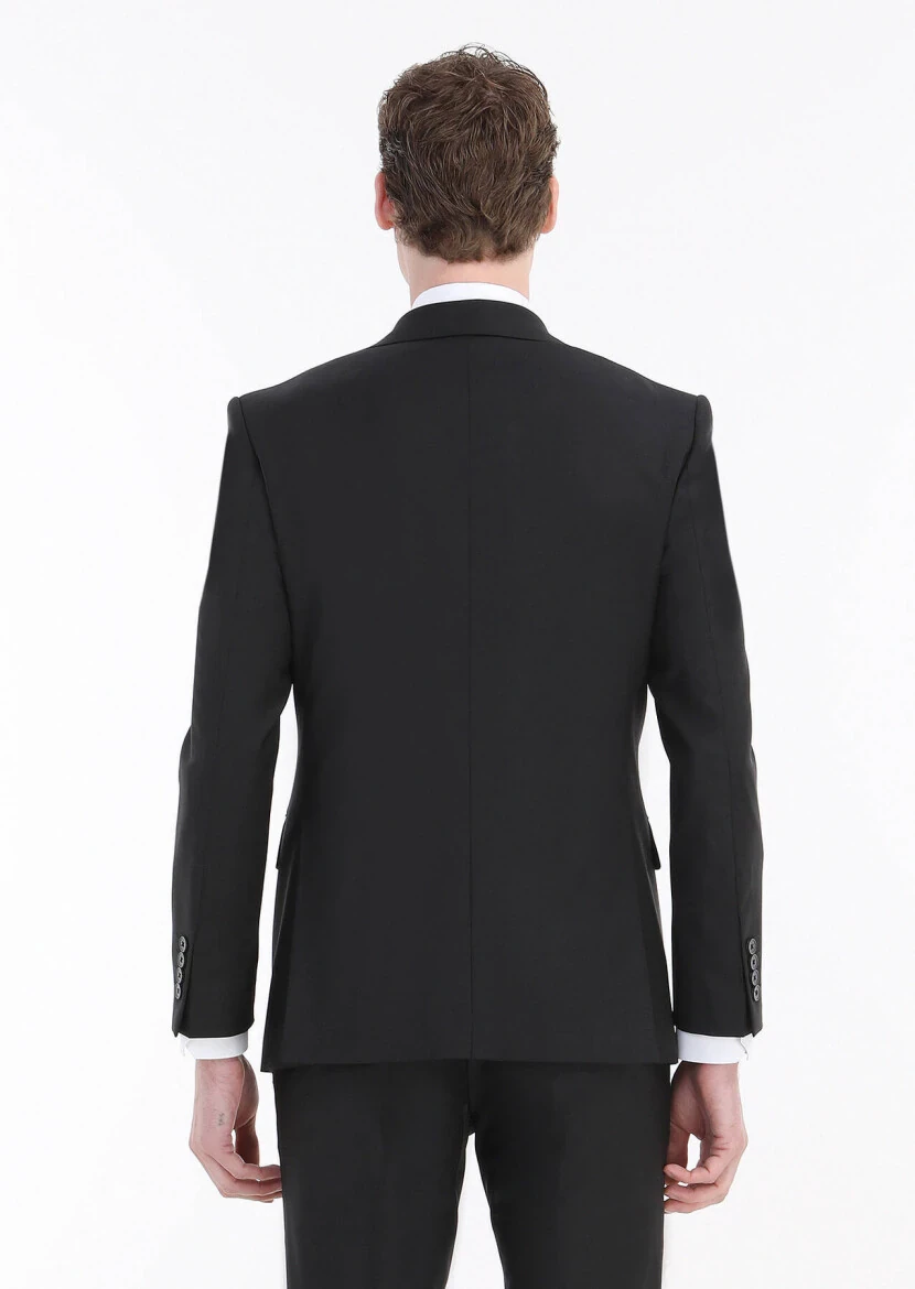 Siyah Düz Modern Fit Yün Karışımlı Takım Elbise - 6