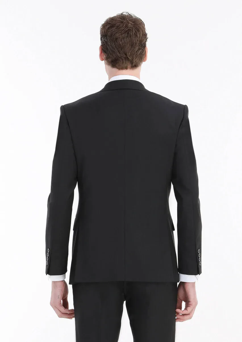 Siyah Düz Modern Fit Yün Karışımlı Takım Elbise - 6