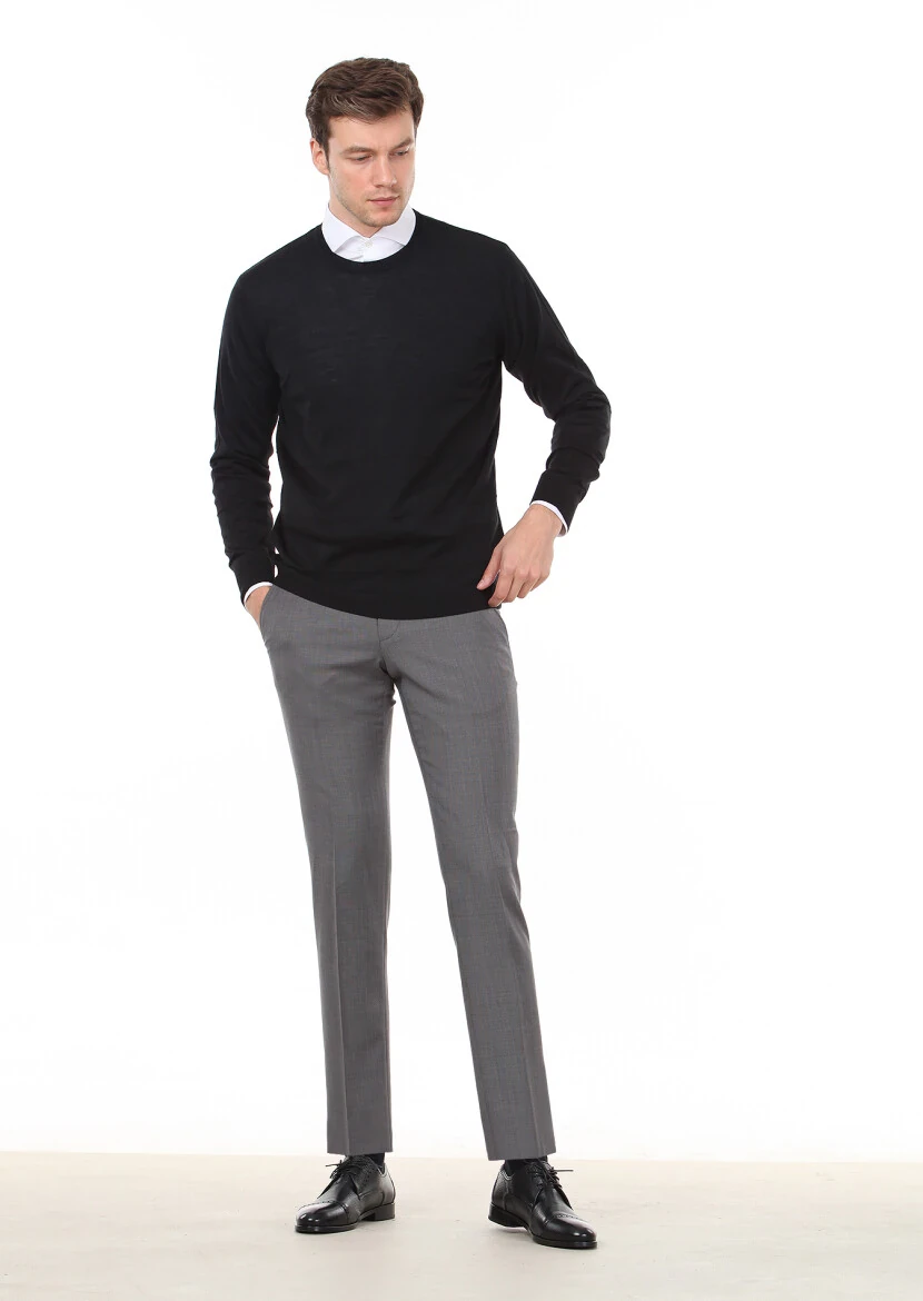 Siyah Düz Örgü Yün Karışımlı Triko Kazak - 3