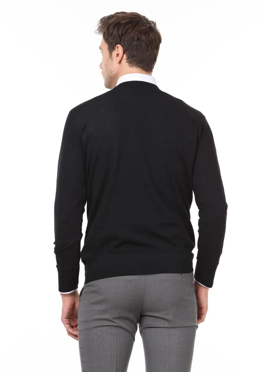 Siyah Düz Örgü Yün Karışımlı Triko Kazak - 4