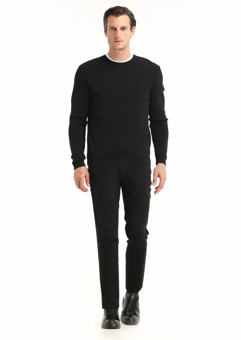 Siyah Düz Örgü Yün Karışımlı Triko Kazak - 1