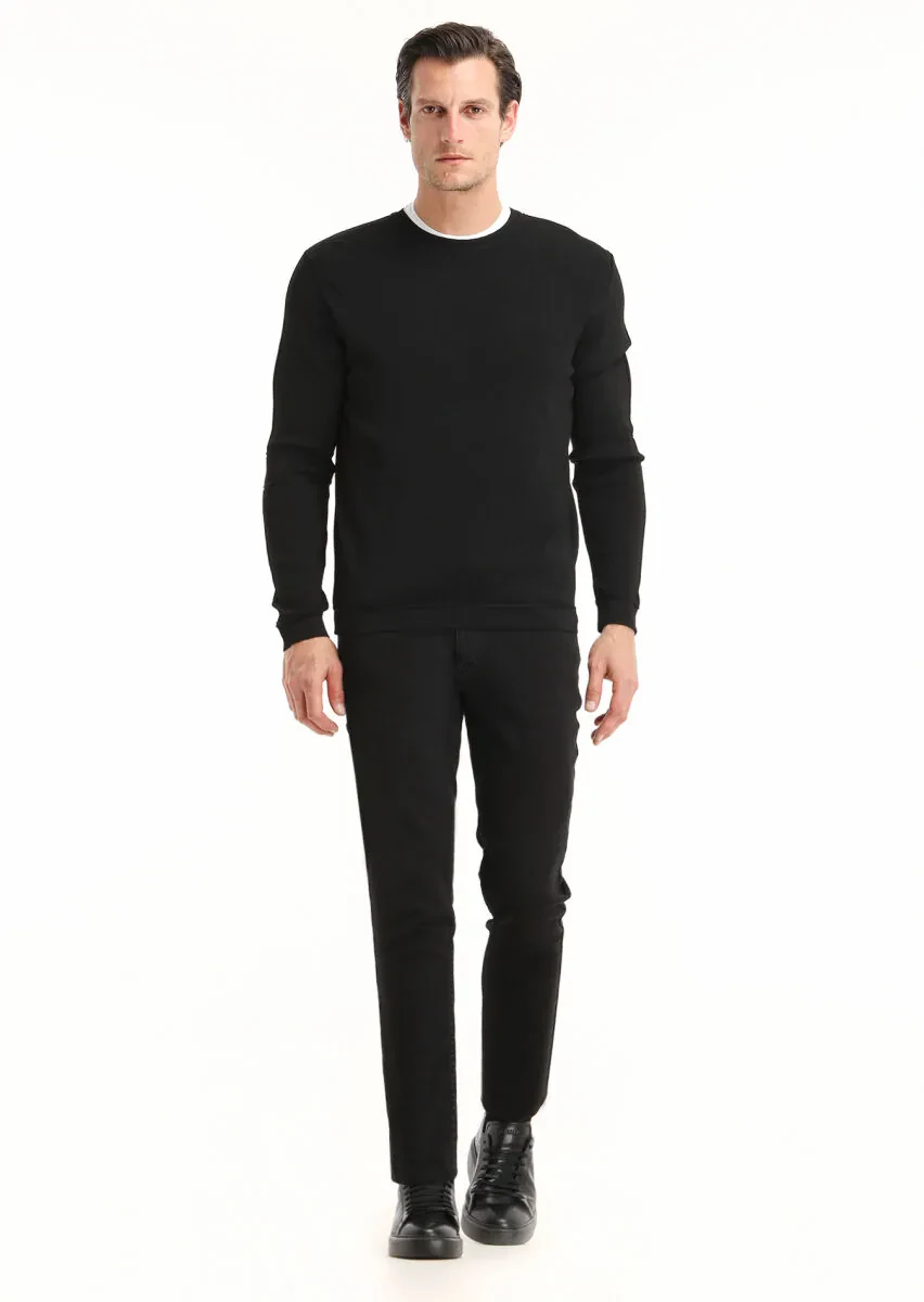 Siyah Düz Örgü Yün Karışımlı Triko Kazak - 1