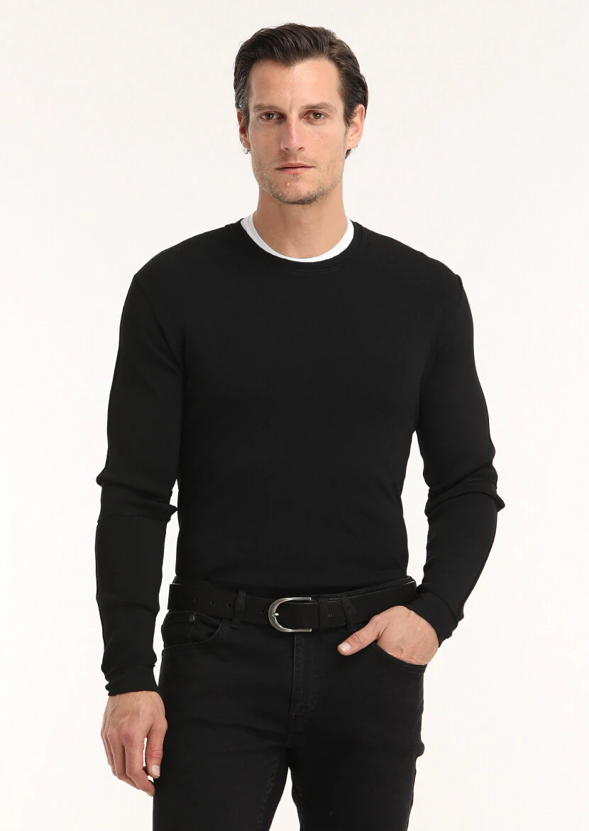 Siyah Düz Örgü Yün Karışımlı Triko Kazak 