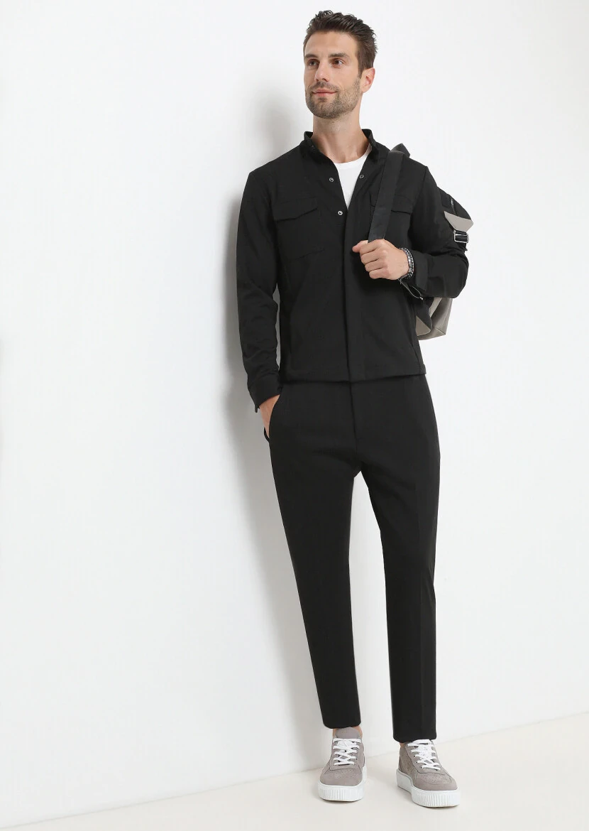 Siyah Düz Örme Fitted Fit Casual Pantolon - 4