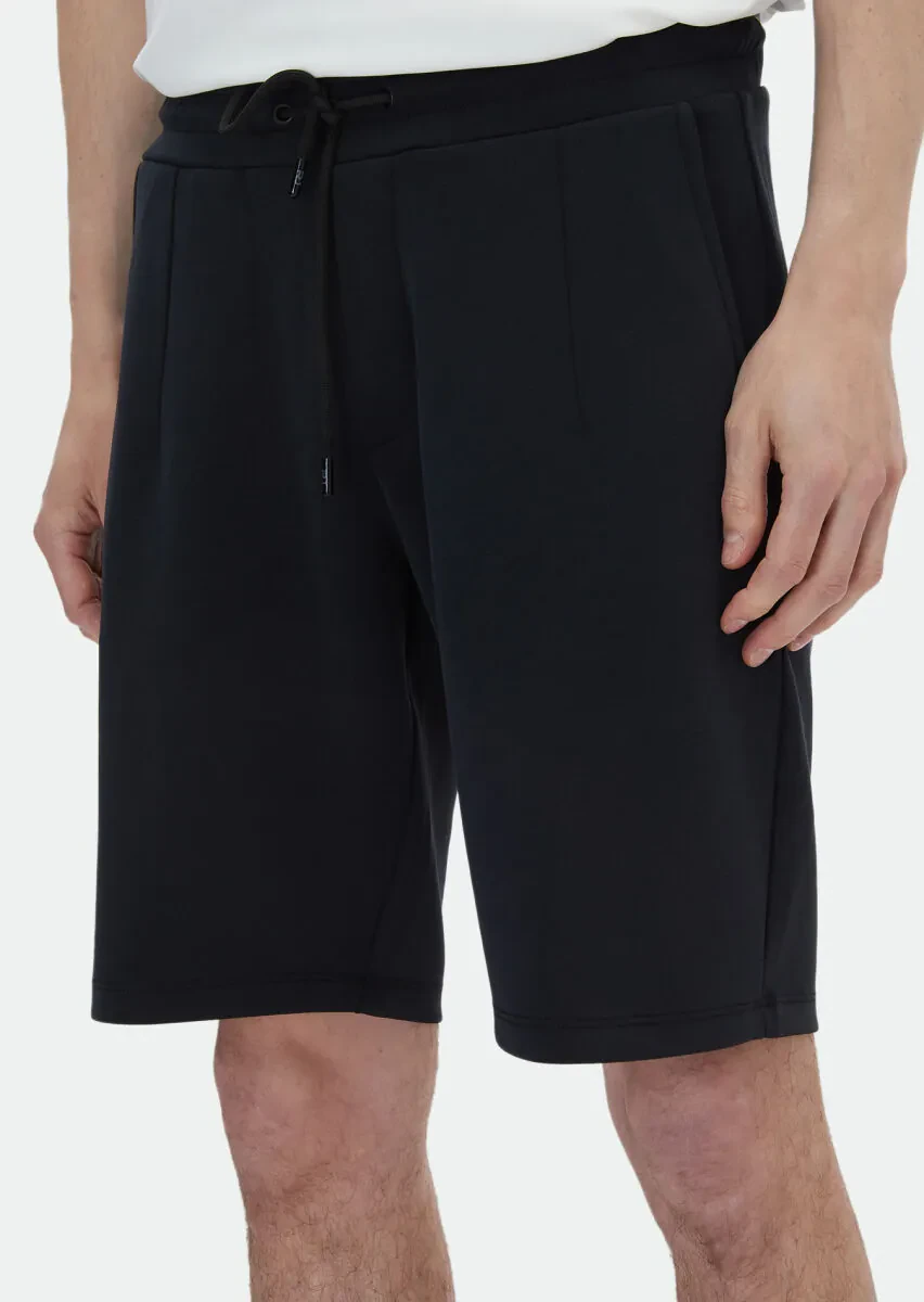 Siyah Düz Örme Jogging Fit Casual Bermuda - 4