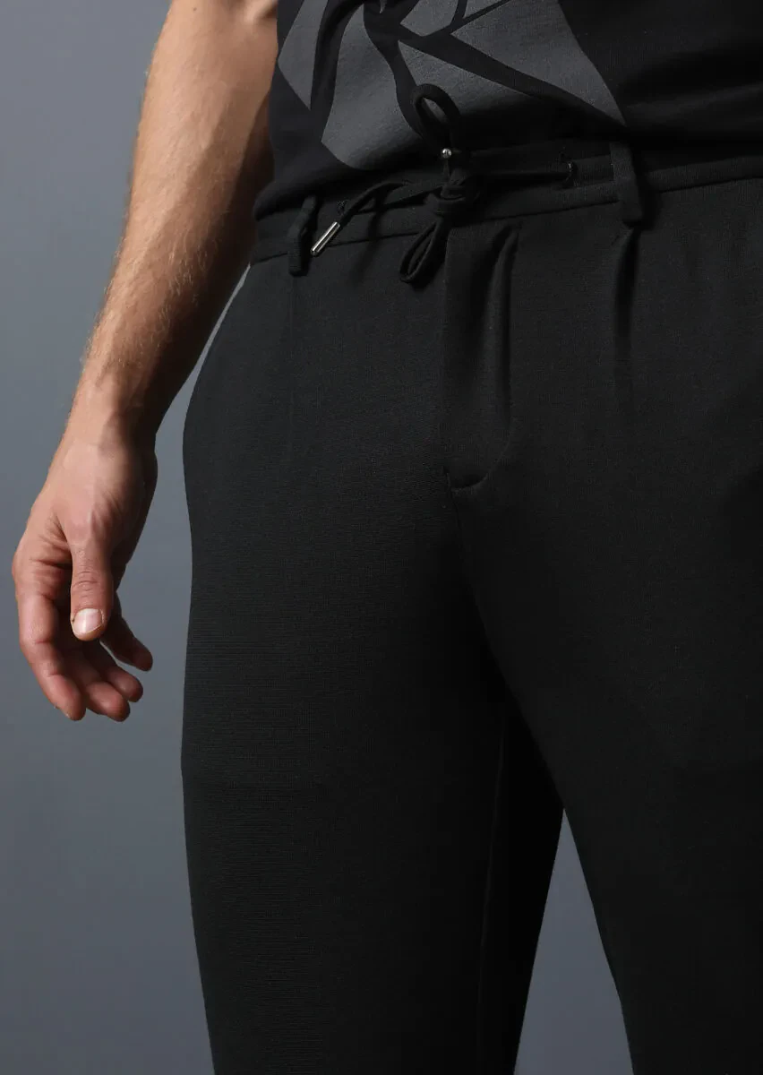 Siyah Düz Örme Jogging Fit Casual Pantolon - 3