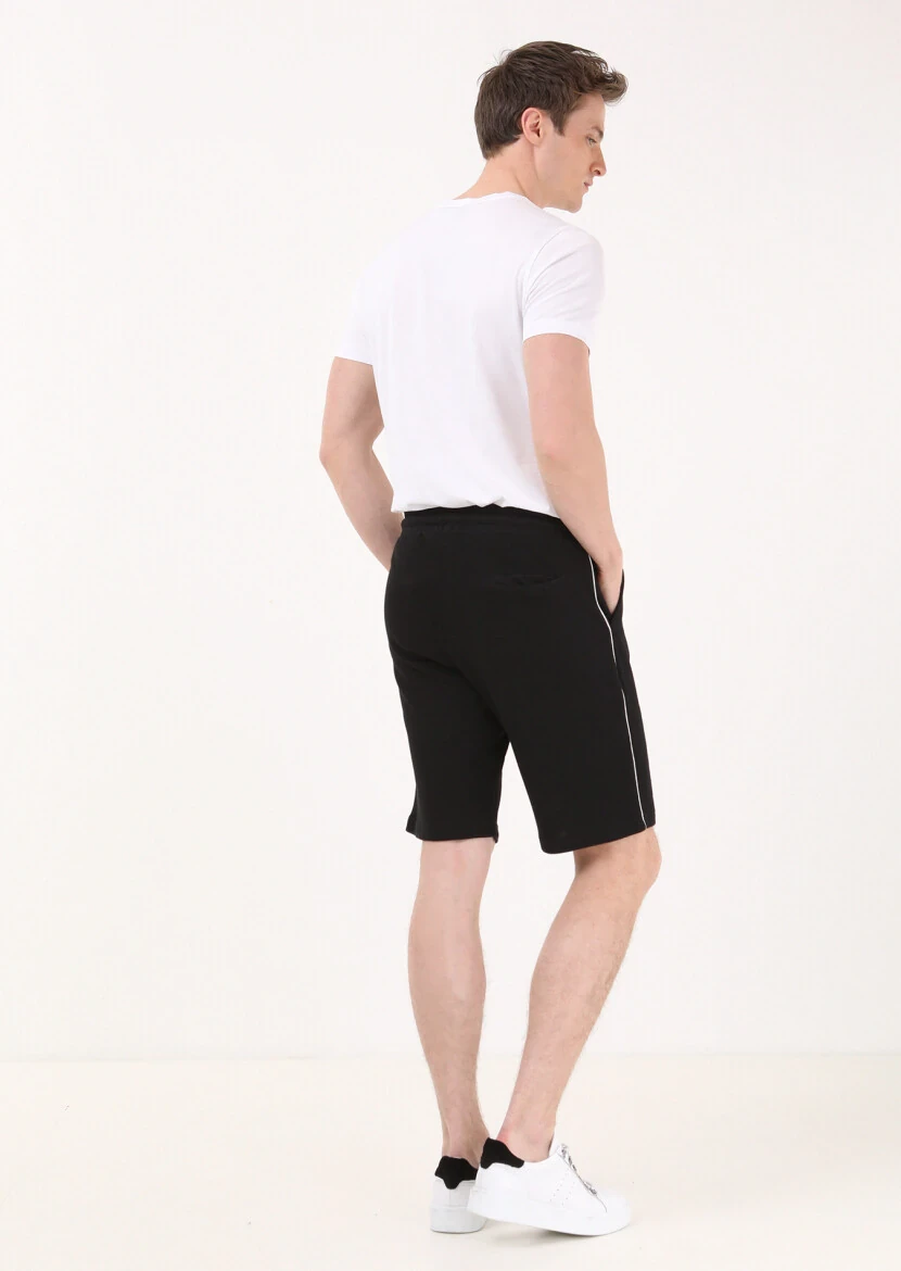 Siyah Düz Örme Regular Fit Casual %100 Pamuk Bermuda - 4
