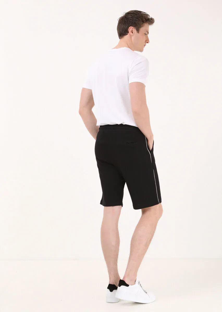 Siyah Düz Örme Regular Fit Casual %100 Pamuk Bermuda - 4