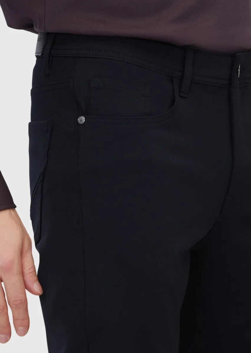 Siyah Düz Örme Slim Fit Casual Pantolon - 3