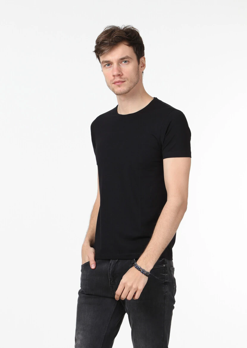 Siyah Düz Pamuk Karışımlı T-Shirt - 1