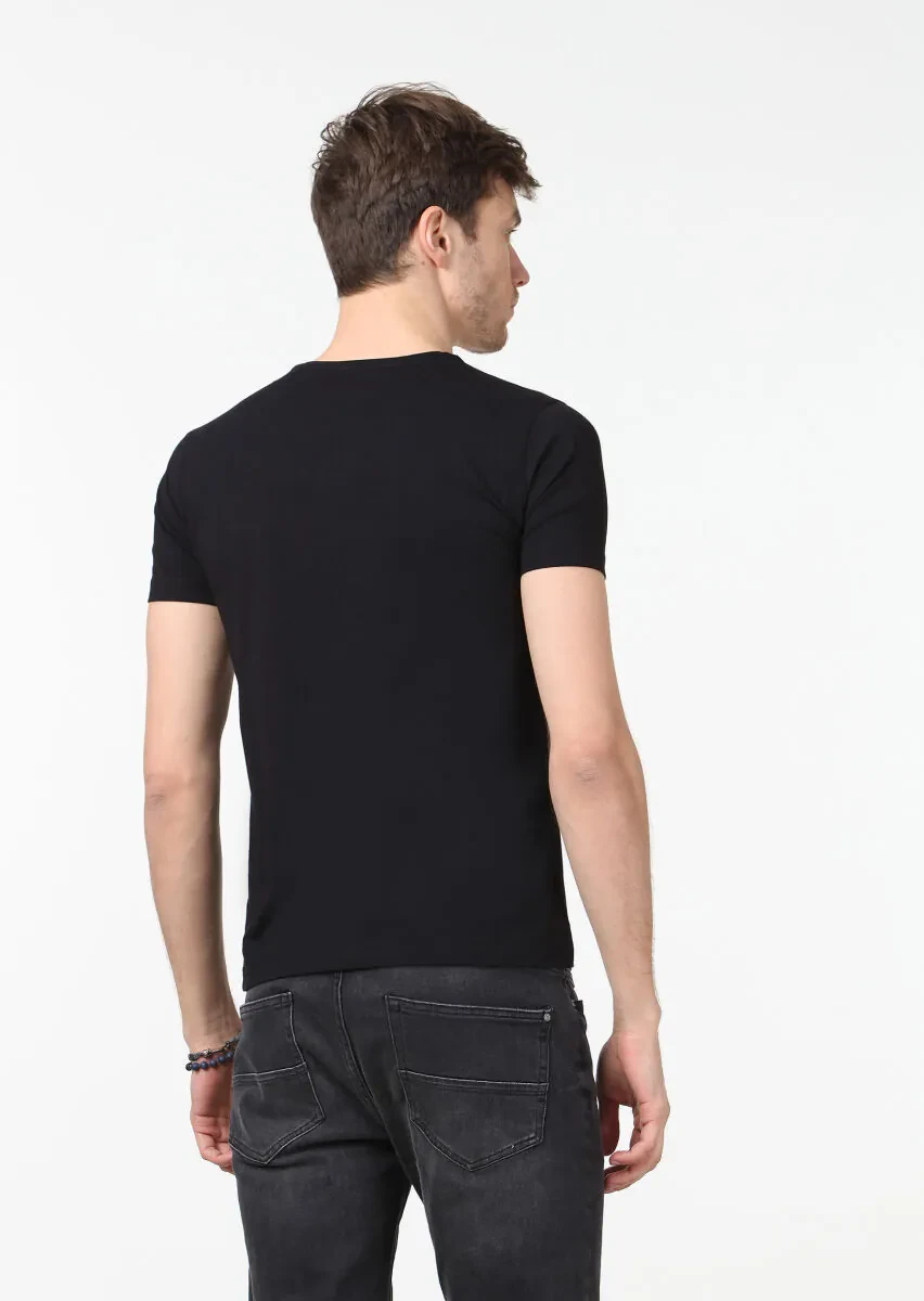 Siyah Düz Pamuk Karışımlı T-Shirt - 4
