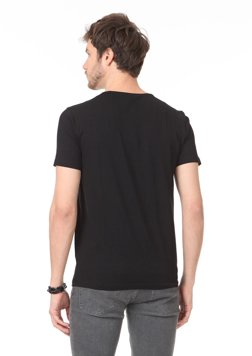 Siyah Düz Pamuk Karışımlı T-Shirt - 4