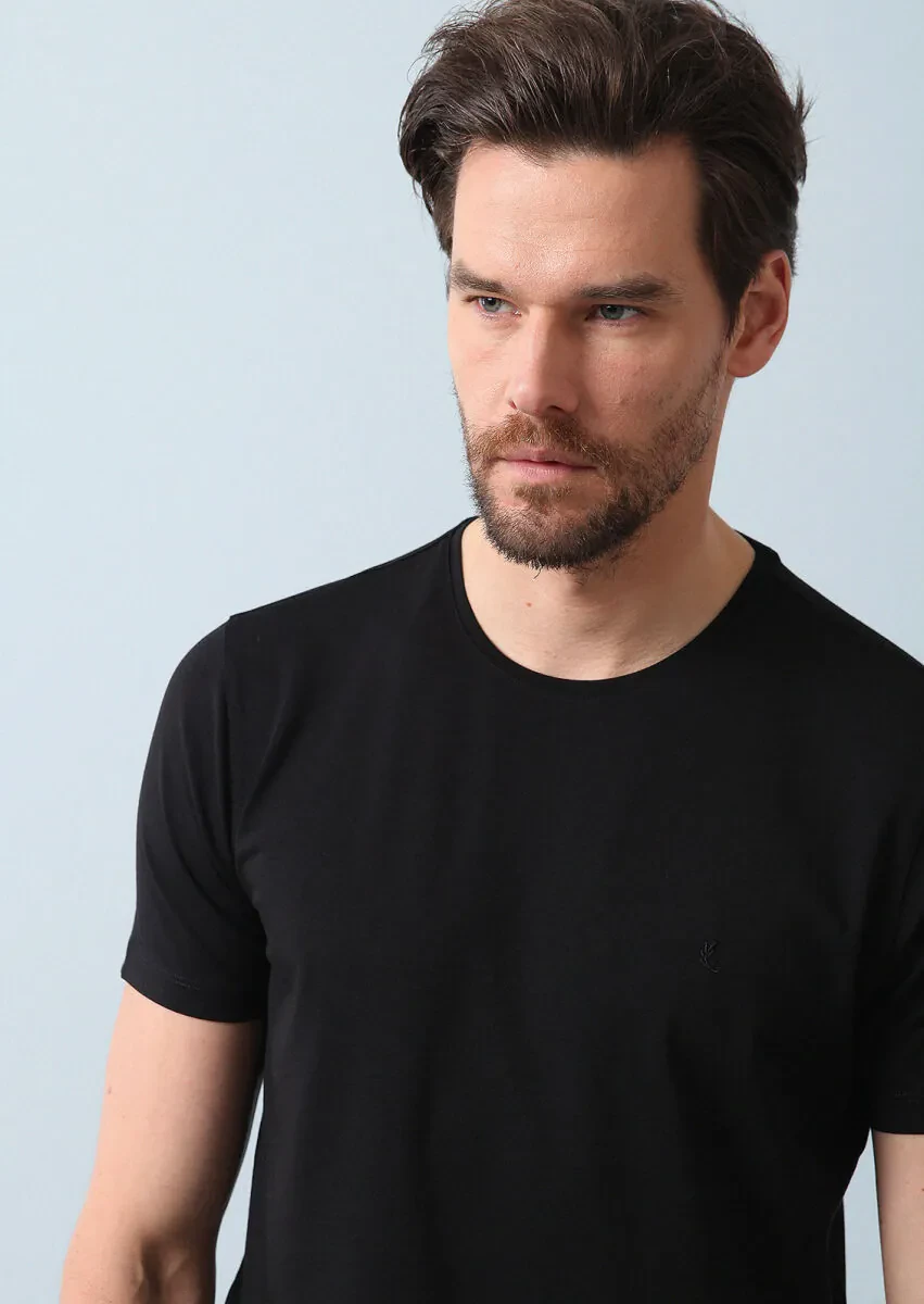 Siyah Düz Pamuk Karışımlı T-Shirt - 4