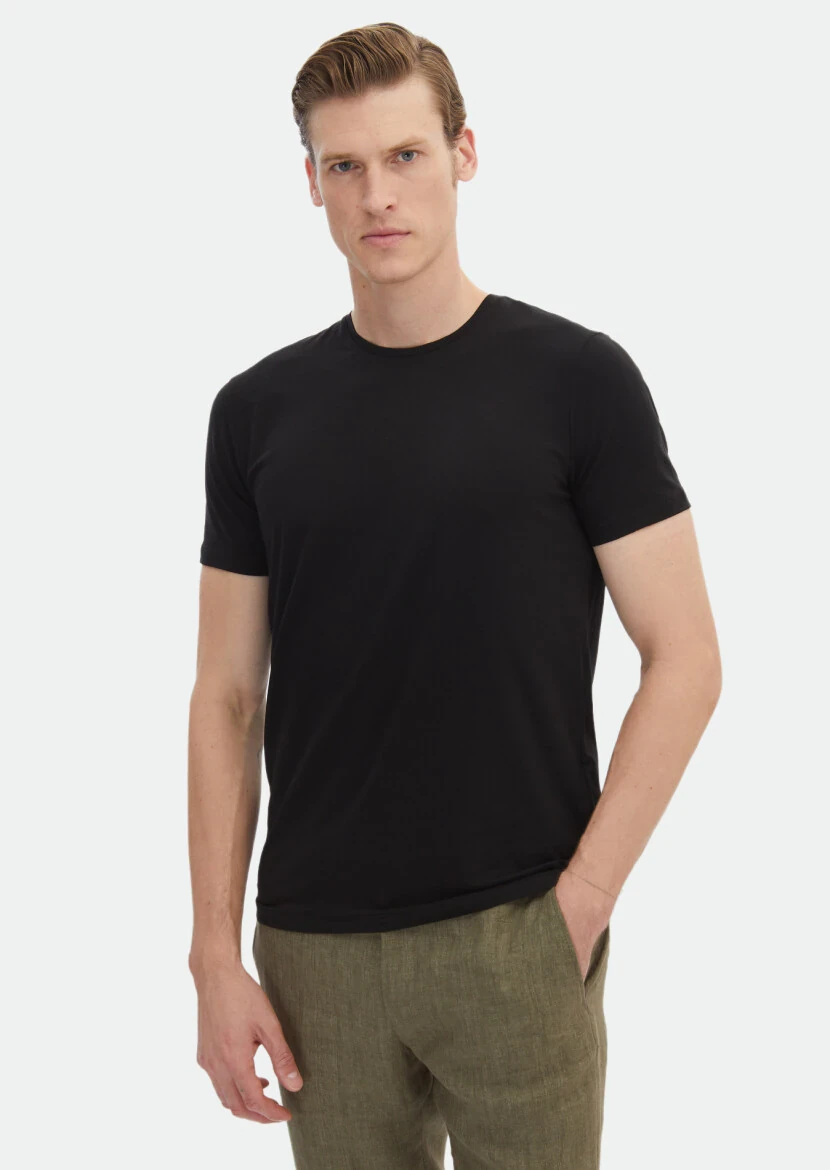 Siyah Düz Pamuk Karışımlı T-Shirt - RAMSEY