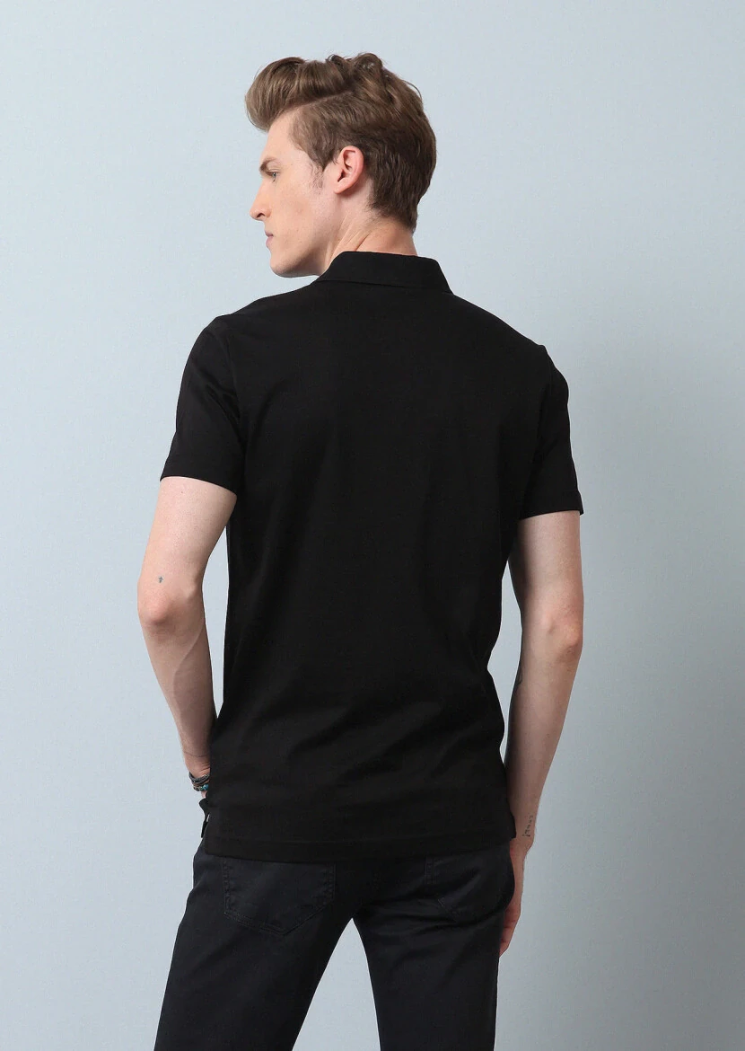 Siyah Düz Polo Yaka %100 Pamuk T-Shirt - 5