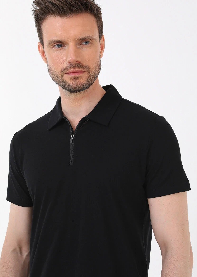 Siyah Düz Polo Yaka %100 Pamuk T-Shirt 