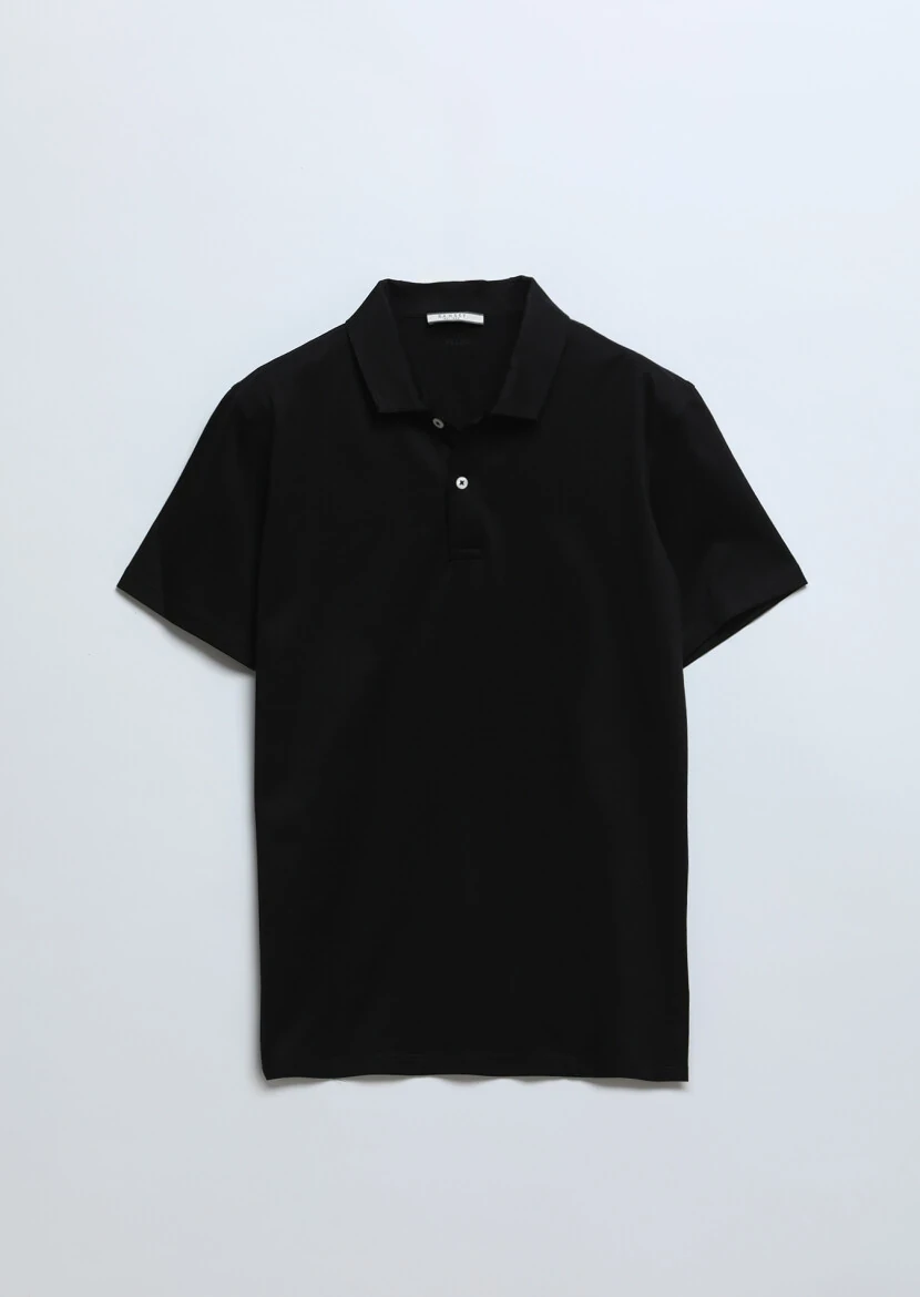 Siyah Düz Polo Yaka %100 Pamuk T-Shirt - 7