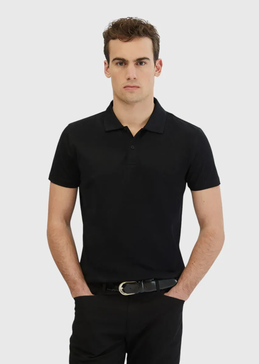 Siyah Düz Polo Yaka %100 Pamuk T-Shirt - 1