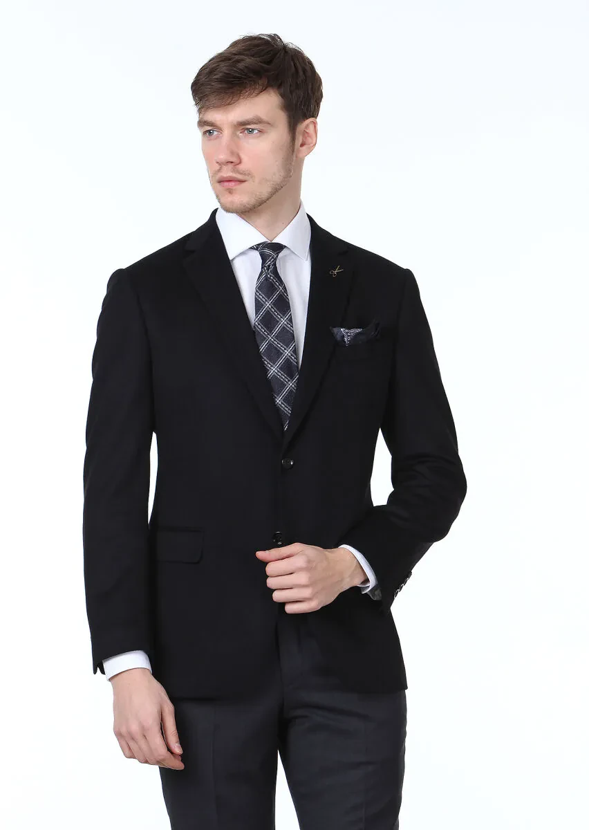 Siyah Düz Regular Fit %100 Kaşmir Ceket - 1