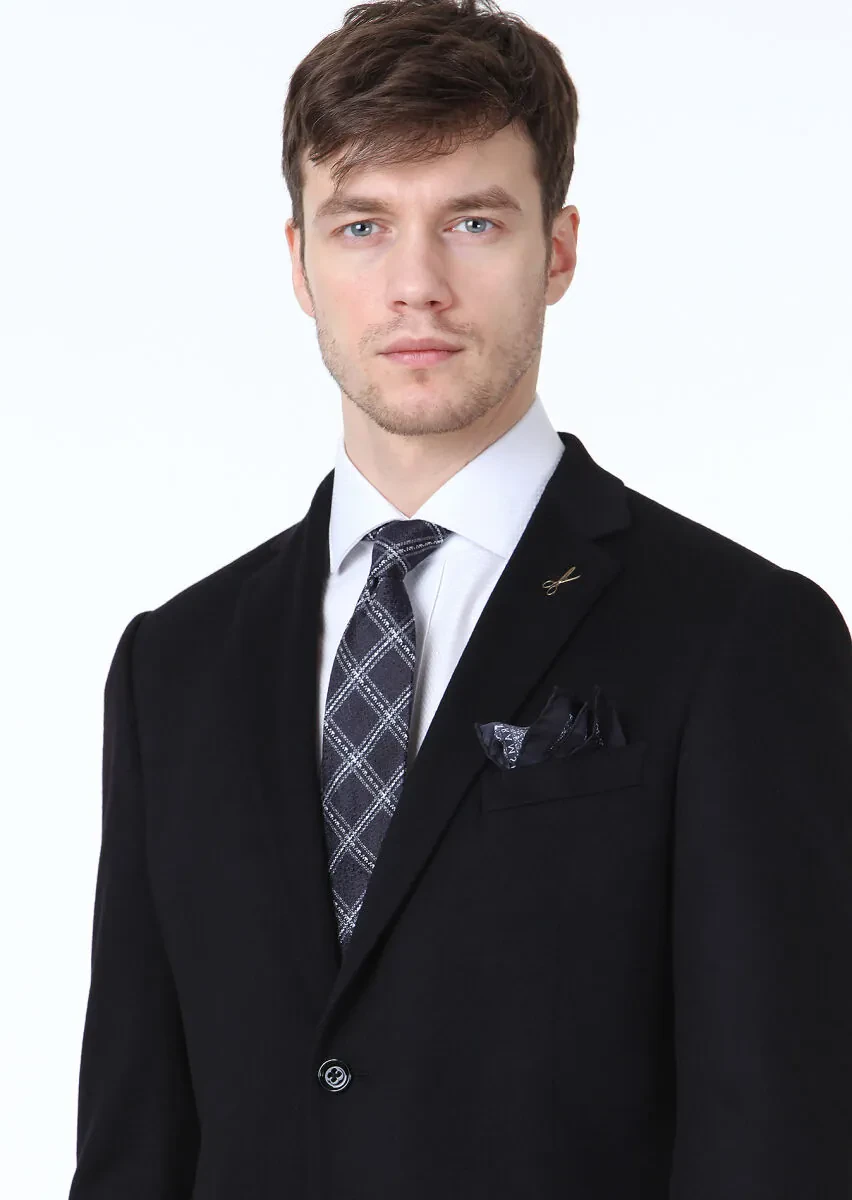 Siyah Düz Regular Fit %100 Kaşmir Ceket - 2