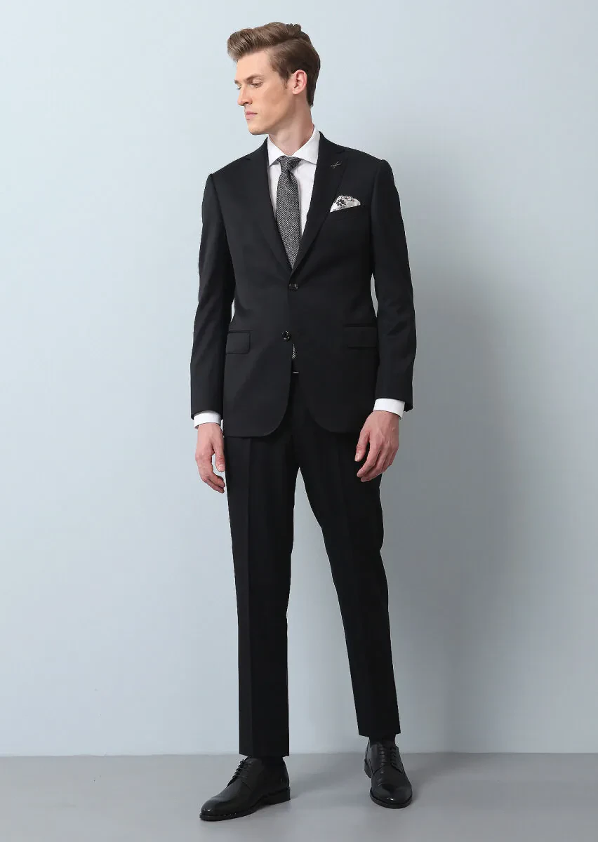 Siyah Düz Regular Fit %100 Yün Takım Elbise - 3