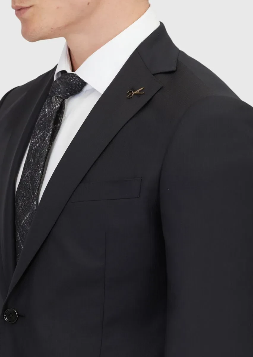 Siyah Düz Regular Fit %100 Yün Takım Elbise - 4