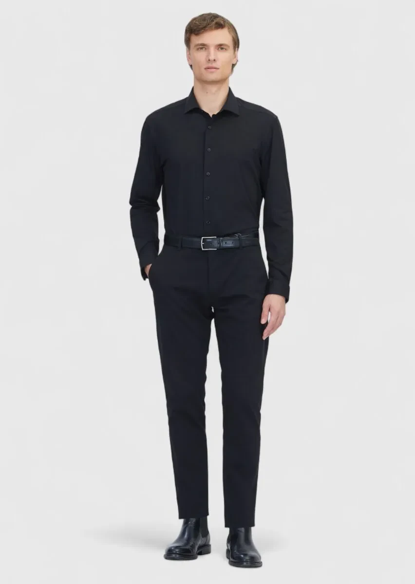 Siyah Düz Regular Fit Casual Pamuk Karışımlı Gömlek - 2