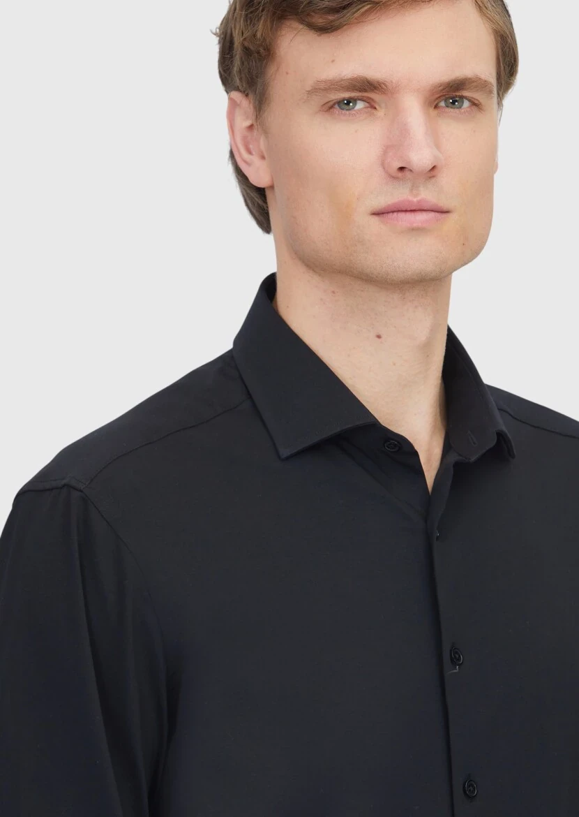 Siyah Düz Regular Fit Casual Pamuk Karışımlı Gömlek - 4