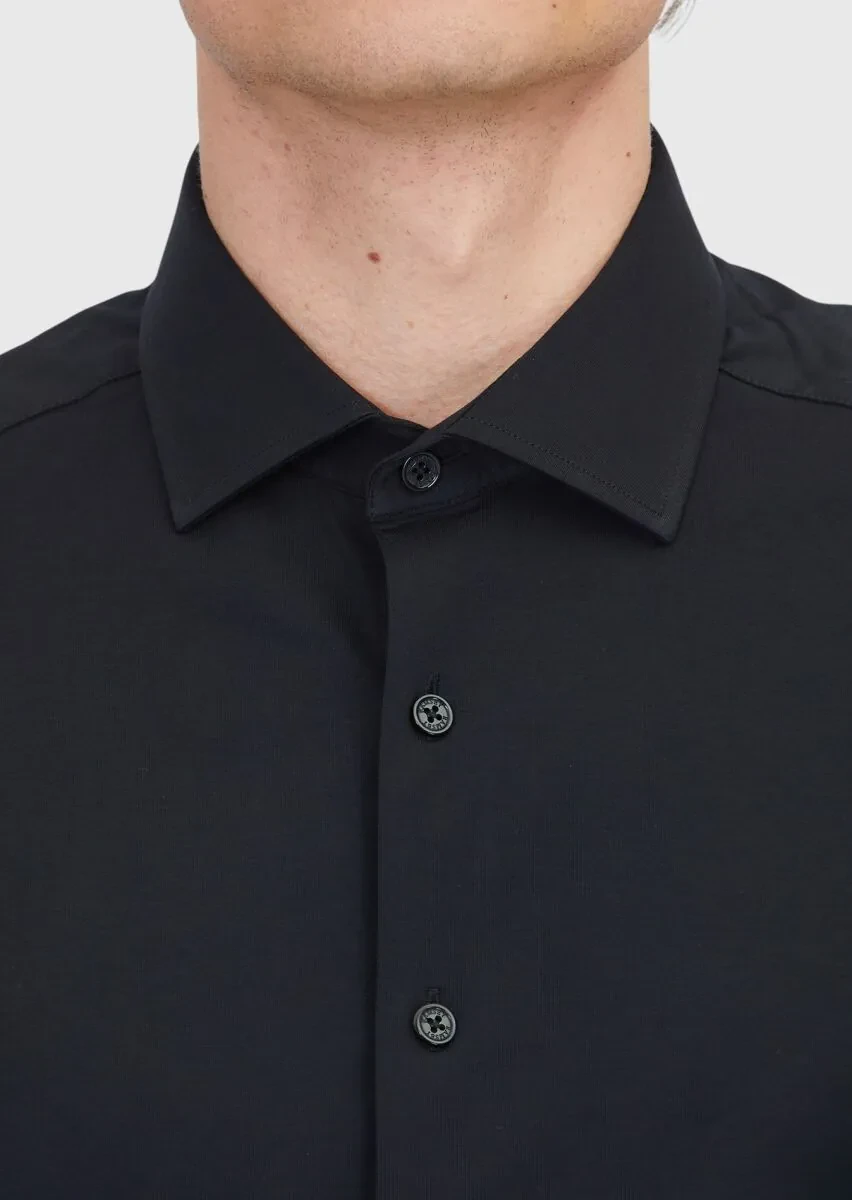 Siyah Düz Regular Fit Casual Pamuk Karışımlı Gömlek - 6