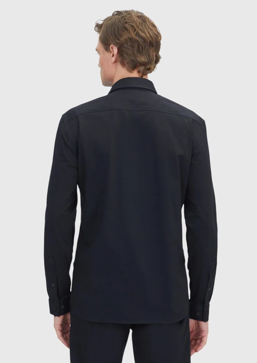 Siyah Düz Regular Fit Casual Pamuk Karışımlı Gömlek - 7