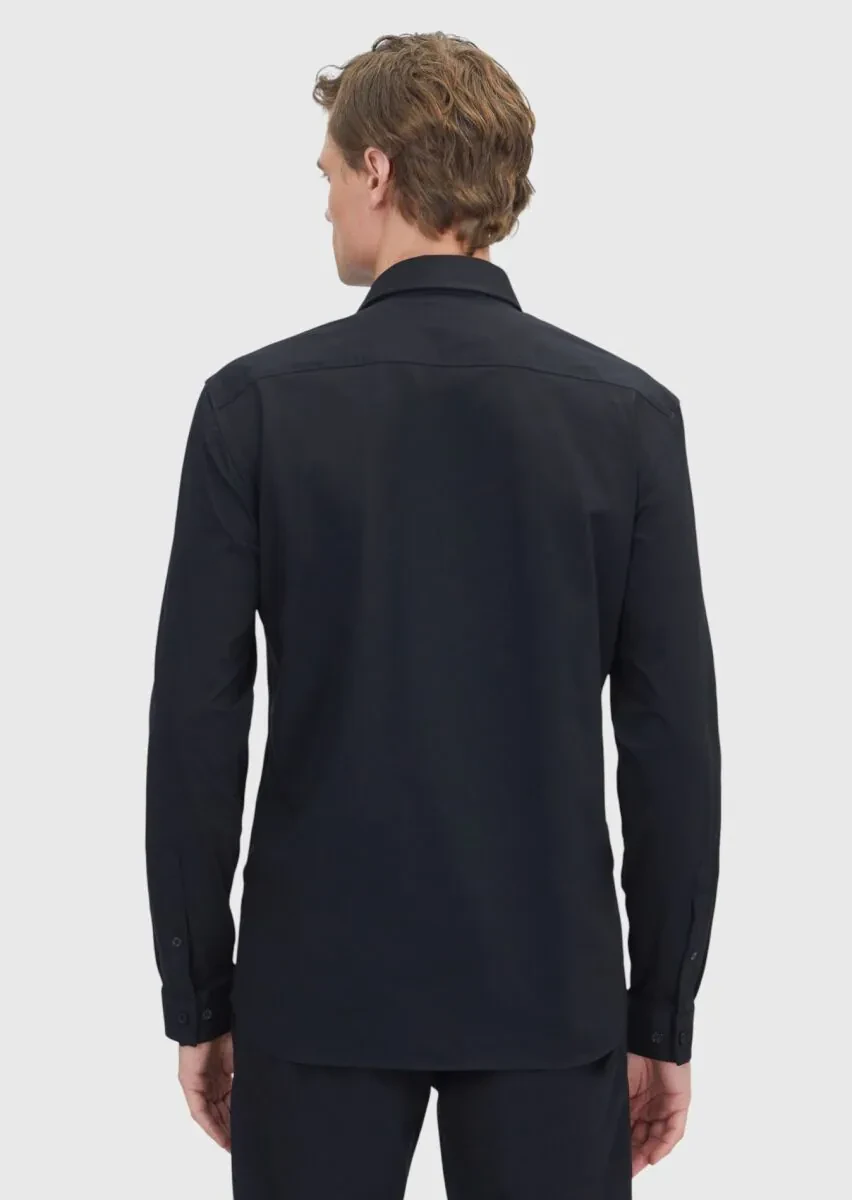 Siyah Düz Regular Fit Casual Pamuk Karışımlı Gömlek - 7