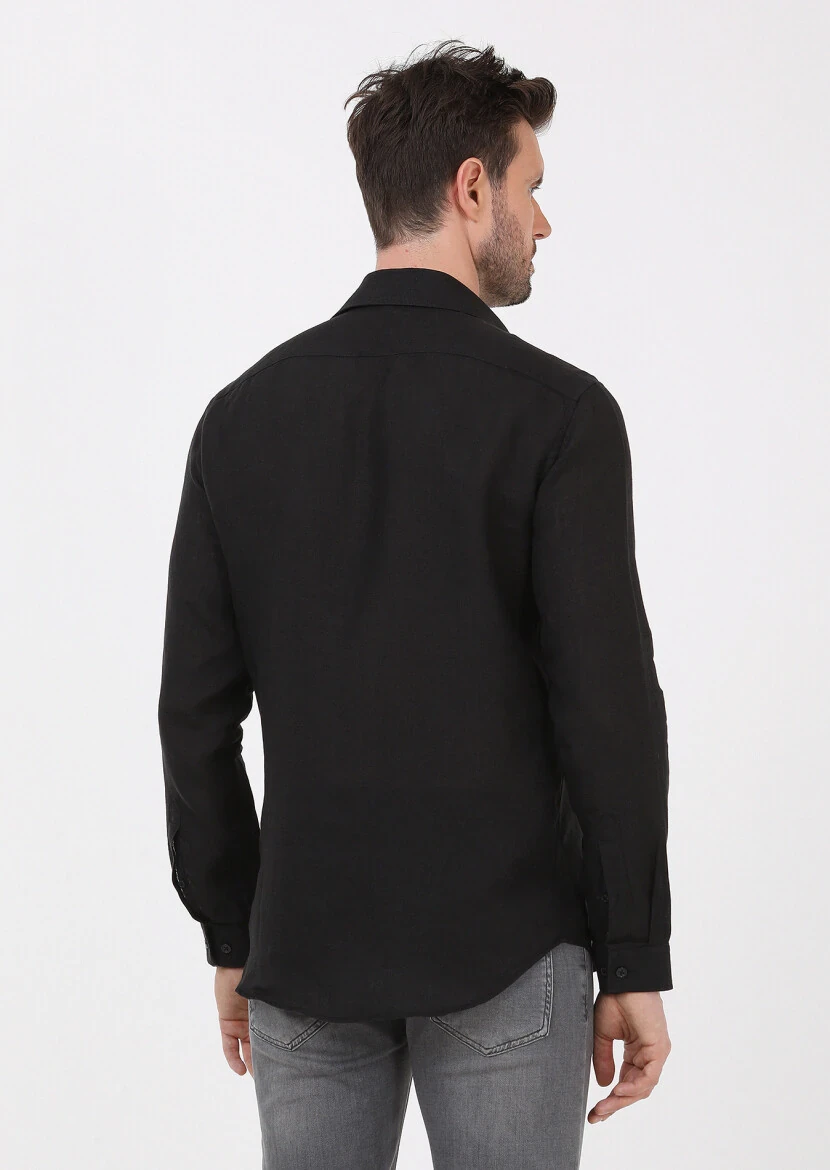 Siyah Düz Regular Fit Dokuma Casual %100 Keten Gömlek - 5