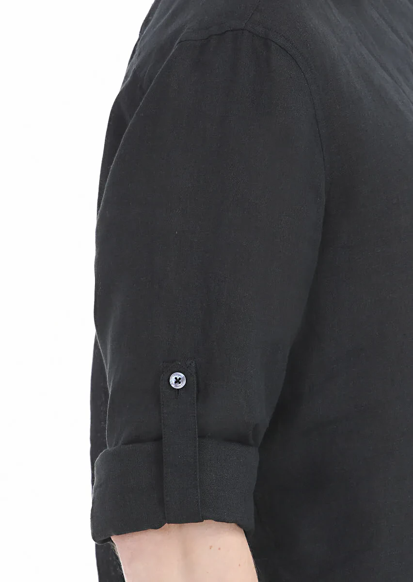 Siyah Düz Regular Fit Dokuma Casual %100 Keten Gömlek - 4